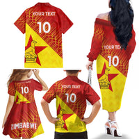 Custom Zimbabwe Cricket Family Matching Off The Shoulder Long Sleeve Dress and Hawaiian Shirt Flame Warriors Zimbabwe Spirit - Wonder Print Shop