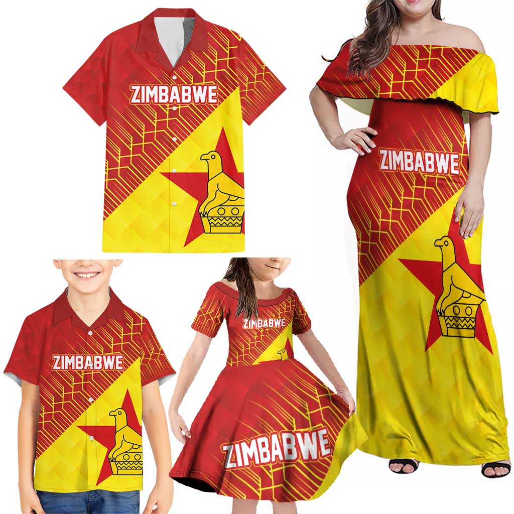 Custom Zimbabwe Cricket Family Matching Off Shoulder Maxi Dress and Hawaiian Shirt Flame Warriors Zimbabwe Spirit - Wonder Print Shop