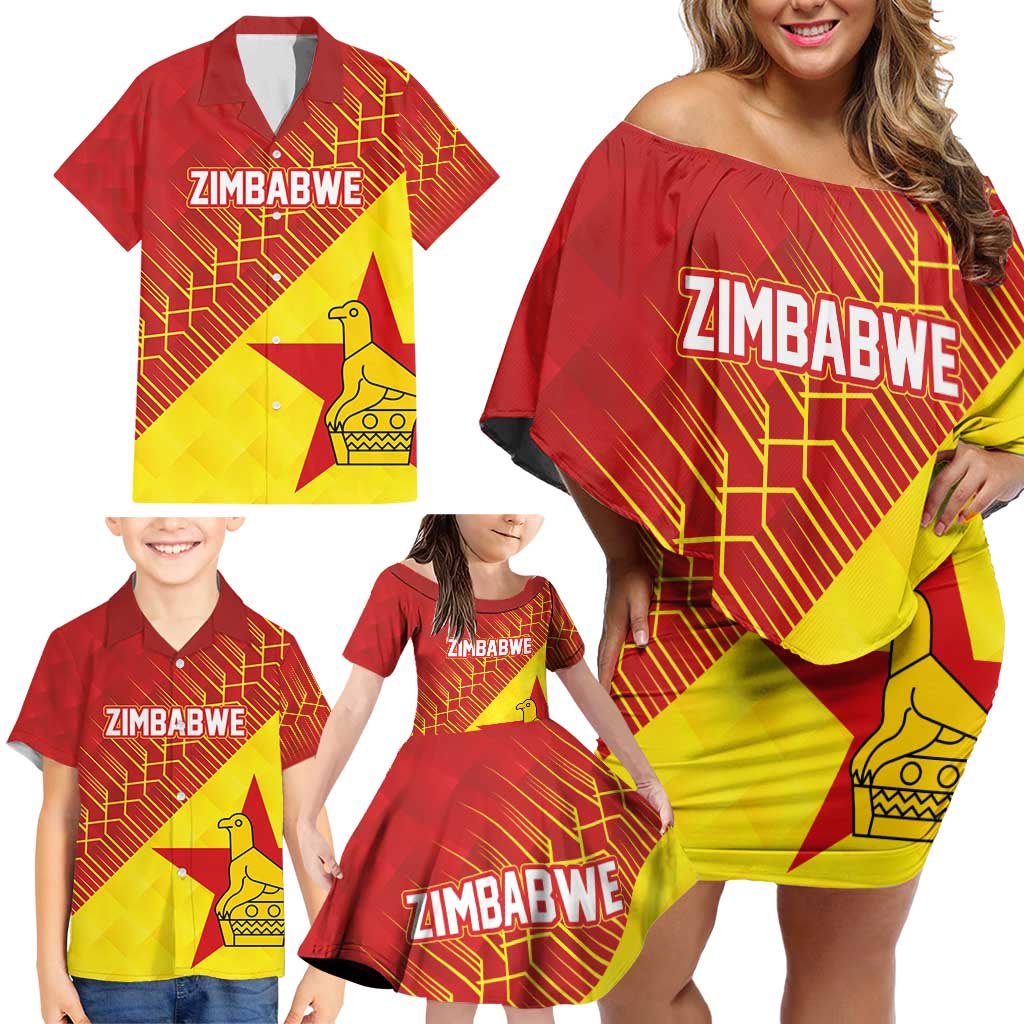 Custom Zimbabwe Cricket Family Matching Off Shoulder Short Dress and Hawaiian Shirt Flame Warriors Zimbabwe Spirit - Wonder Print Shop