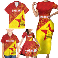 Custom Zimbabwe Cricket Family Matching Short Sleeve Bodycon Dress and Hawaiian Shirt Flame Warriors Zimbabwe Spirit - Wonder Print Shop