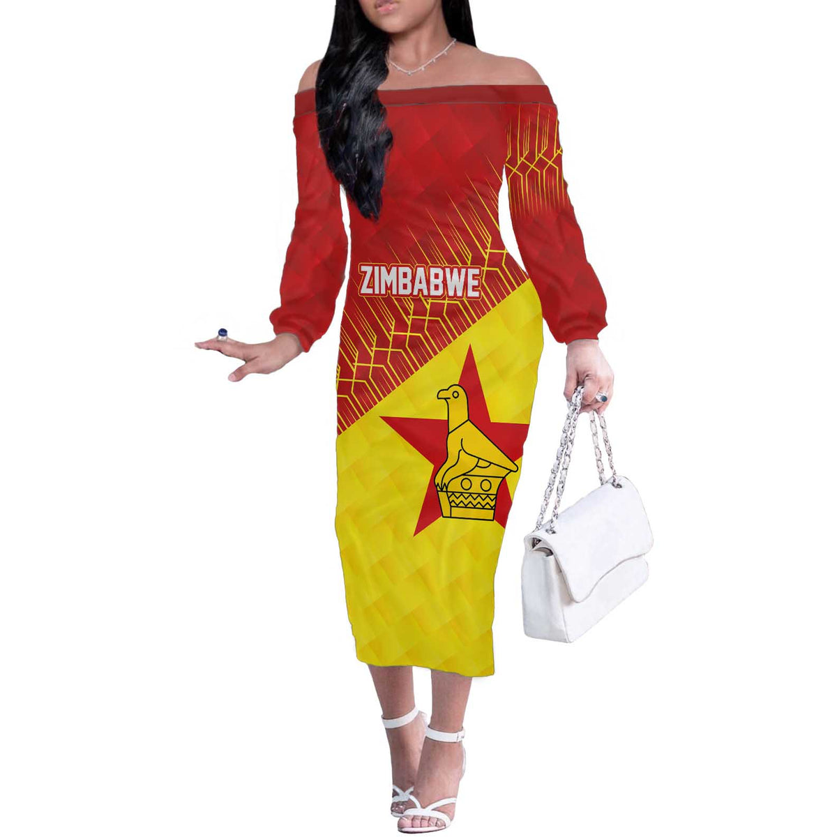 Custom Zimbabwe Cricket Off The Shoulder Long Sleeve Dress Flame Warriors Zimbabwe Spirit - Wonder Print Shop