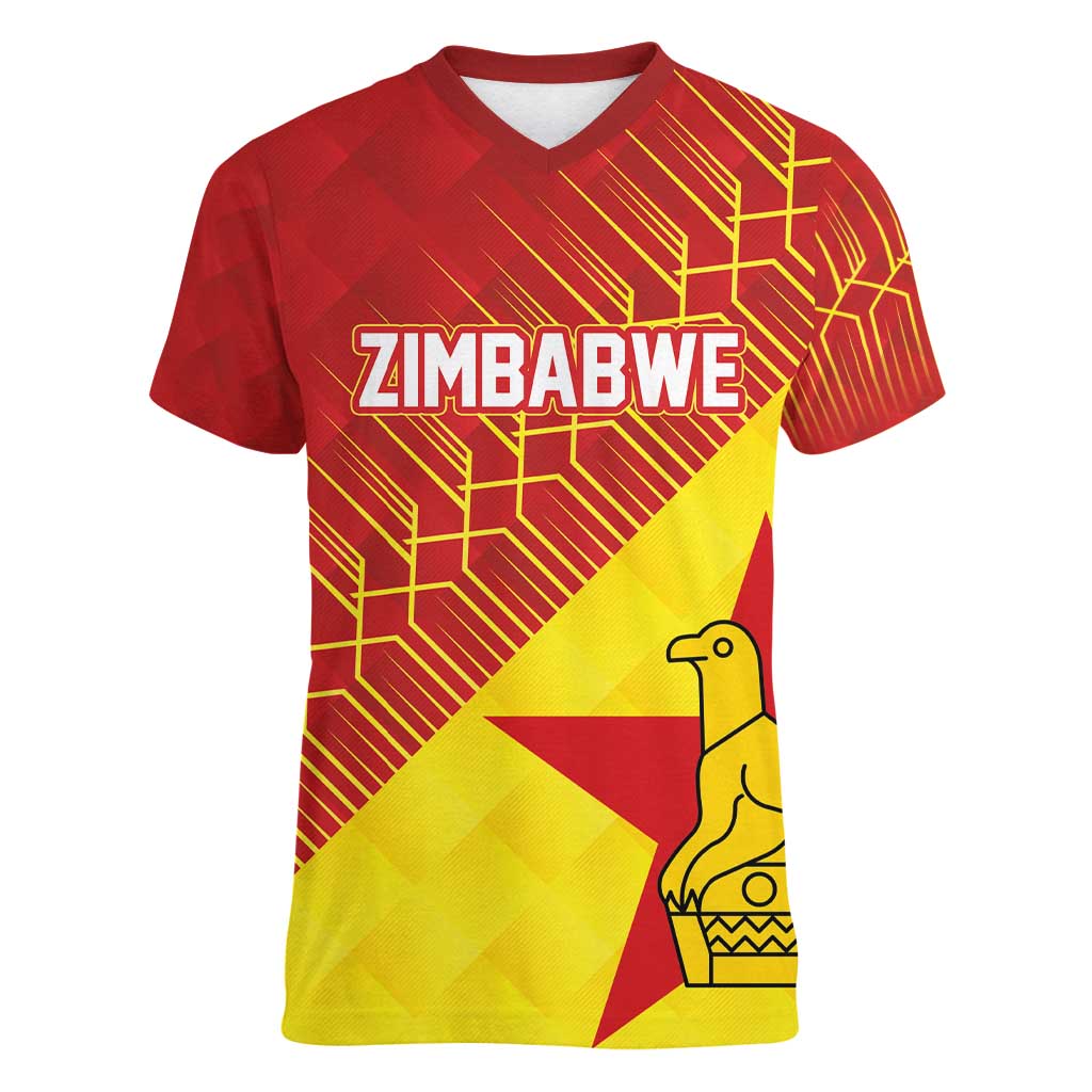 Custom Zimbabwe Cricket Women V-Neck T-Shirt Flame Warriors Zimbabwe Spirit - Wonder Print Shop