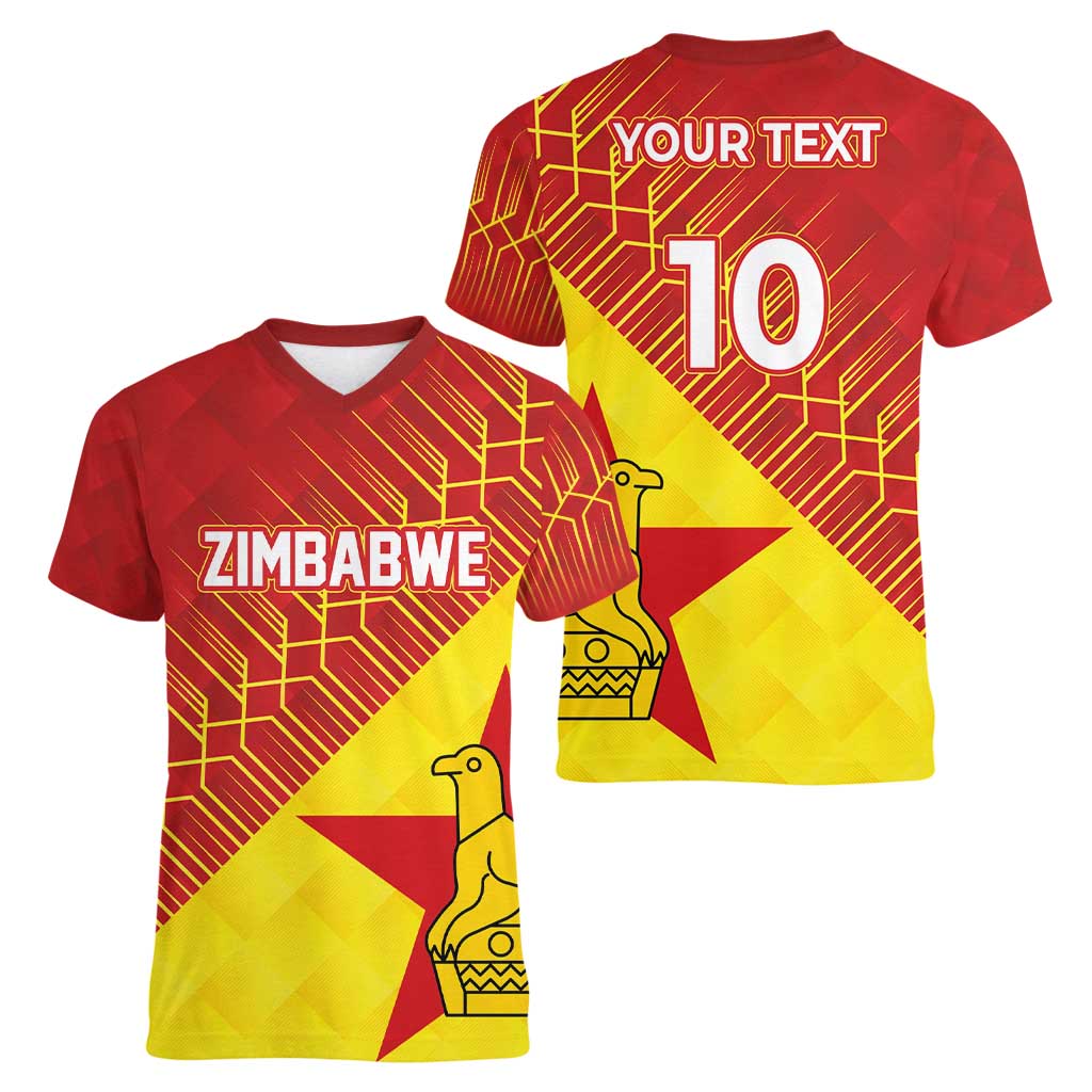 Custom Zimbabwe Cricket Women V-Neck T-Shirt Flame Warriors Zimbabwe Spirit - Wonder Print Shop