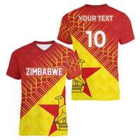 Custom Zimbabwe Cricket Women V-Neck T-Shirt Flame Warriors Zimbabwe Spirit - Wonder Print Shop
