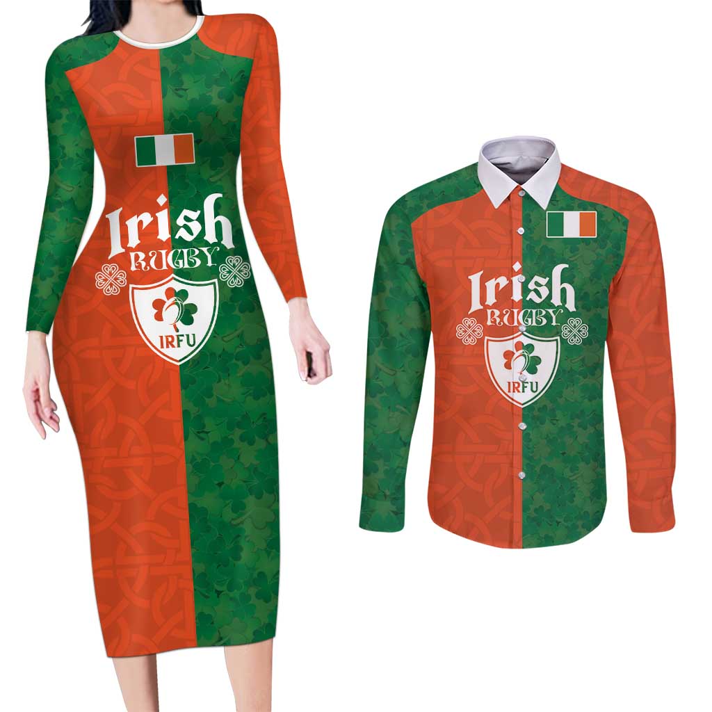 Custom Irish Rugby Couples Matching Long Sleeve Bodycon Dress and Long Sleeve Button Shirt Shamrock with Celtics Vibes The Half Style - Wonder Print Shop