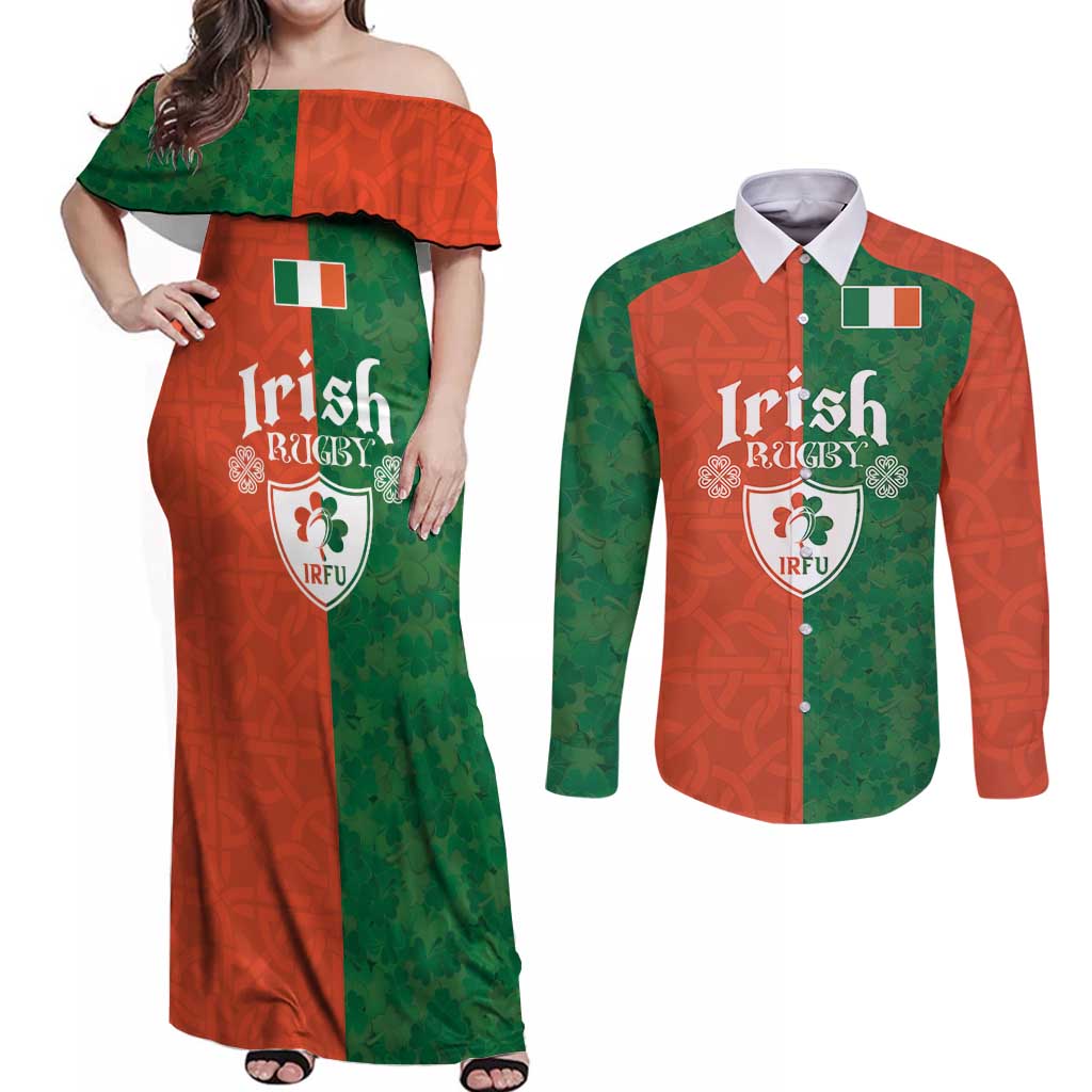 Custom Irish Rugby Couples Matching Off Shoulder Maxi Dress and Long Sleeve Button Shirt Shamrock with Celtics Vibes The Half Style - Wonder Print Shop