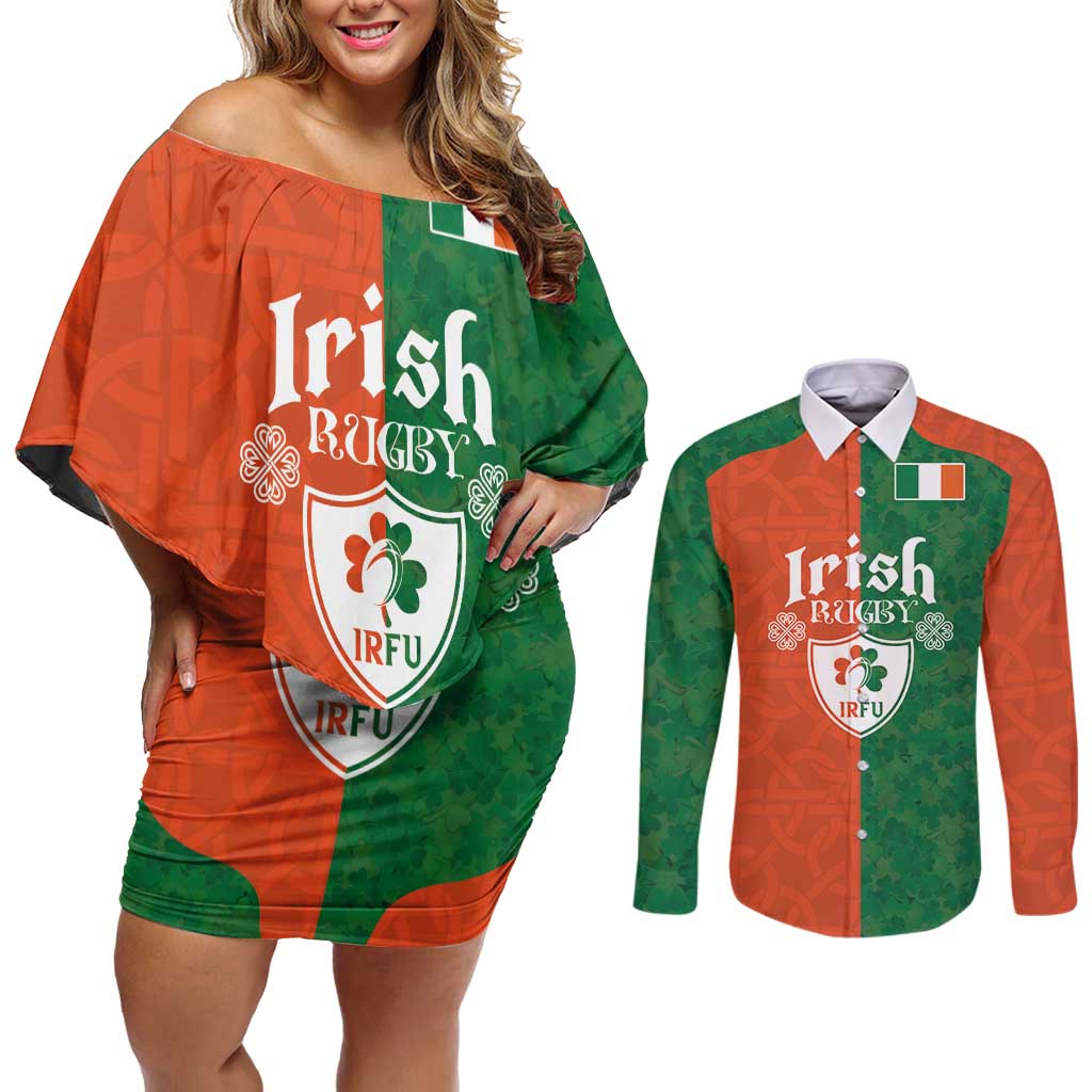 Custom Irish Rugby Couples Matching Off Shoulder Short Dress and Long Sleeve Button Shirt Shamrock with Celtics Vibes The Half Style - Wonder Print Shop