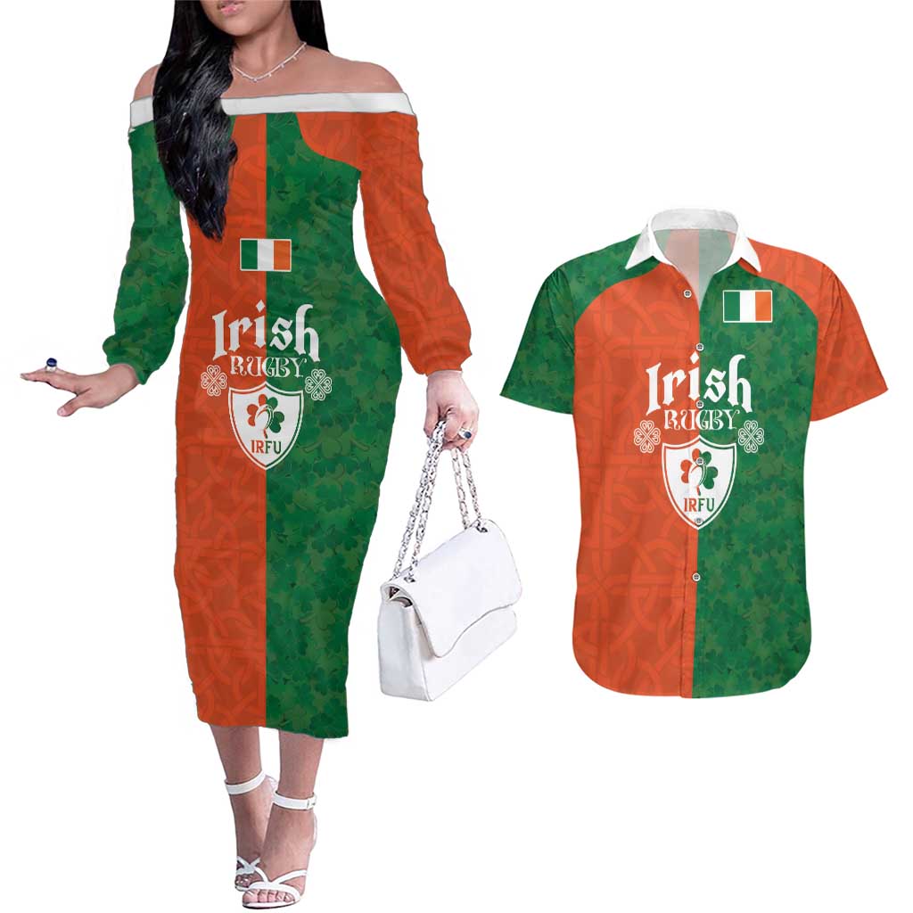 Custom Irish Rugby Couples Matching Off The Shoulder Long Sleeve Dress and Hawaiian Shirt Shamrock with Celtics Vibes The Half Style - Wonder Print Shop