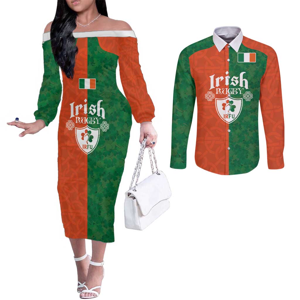 Custom Irish Rugby Couples Matching Off The Shoulder Long Sleeve Dress and Long Sleeve Button Shirt Shamrock with Celtics Vibes The Half Style - Wonder Print Shop