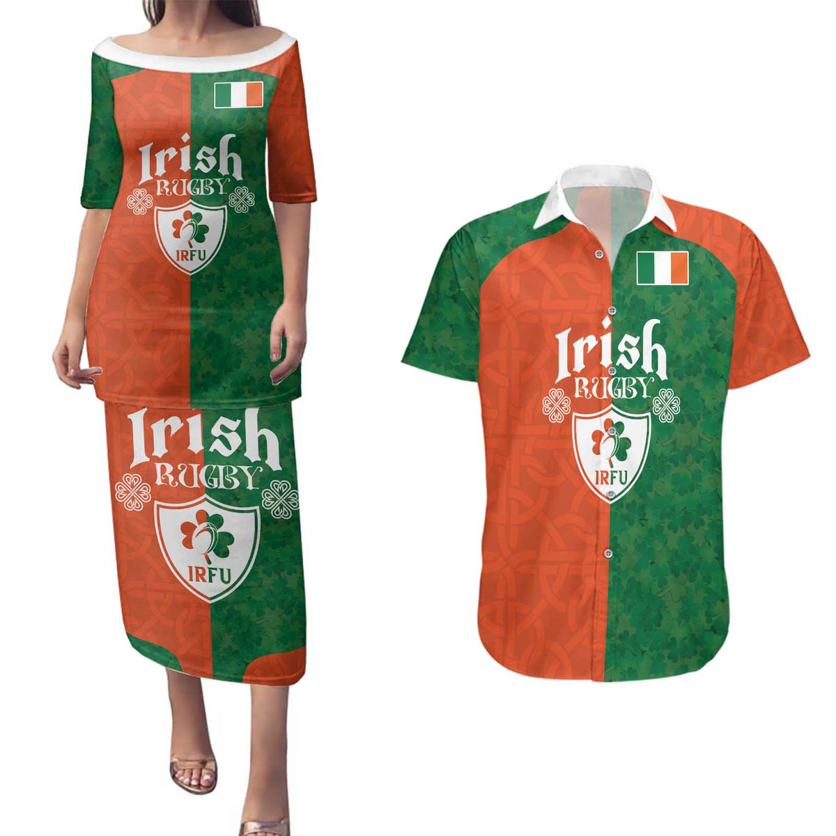 Custom Irish Rugby Couples Matching Puletasi and Hawaiian Shirt Shamrock with Celtics Vibes The Half Style - Wonder Print Shop