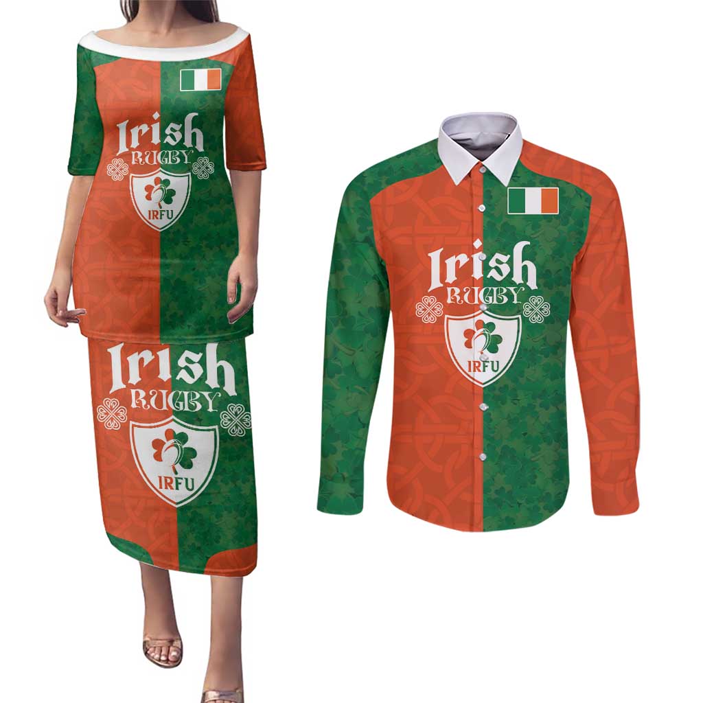 Custom Irish Rugby Couples Matching Puletasi and Long Sleeve Button Shirt Shamrock with Celtics Vibes The Half Style - Wonder Print Shop