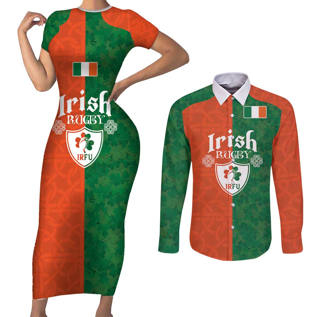 Custom Irish Rugby Couples Matching Short Sleeve Bodycon Dress and Long Sleeve Button Shirt Shamrock with Celtics Vibes The Half Style - Wonder Print Shop