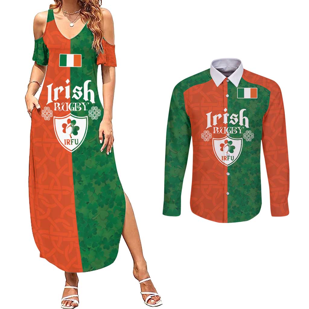 Custom Irish Rugby Couples Matching Summer Maxi Dress and Long Sleeve Button Shirt Shamrock with Celtics Vibes The Half Style - Wonder Print Shop