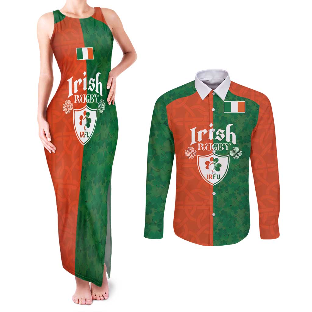Custom Irish Rugby Couples Matching Tank Maxi Dress and Long Sleeve Button Shirt Shamrock with Celtics Vibes The Half Style - Wonder Print Shop