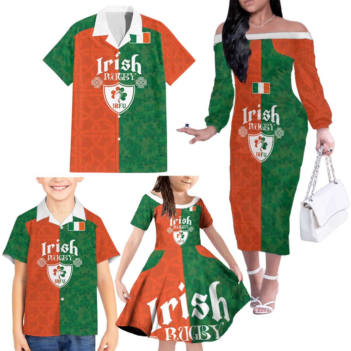Custom Irish Rugby Family Matching Off The Shoulder Long Sleeve Dress and Hawaiian Shirt Shamrock with Celtics Vibes The Half Style - Wonder Print Shop