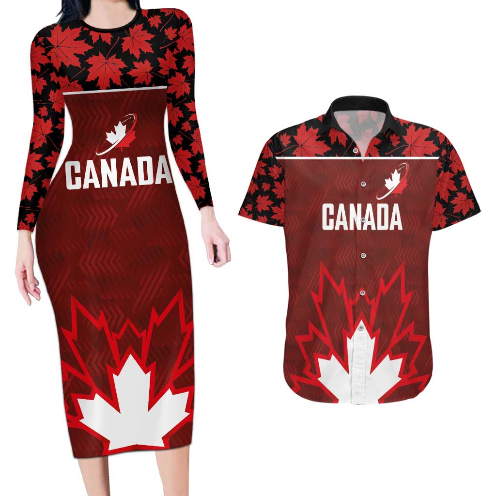 Custom Canadian Rugby Couples Matching Long Sleeve Bodycon Dress and Hawaiian Shirt Maple Leaves Sporty Art Style Red Color - Wonder Print Shop
