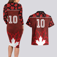 Custom Canadian Rugby Couples Matching Long Sleeve Bodycon Dress and Hawaiian Shirt Maple Leaves Sporty Art Style Red Color - Wonder Print Shop