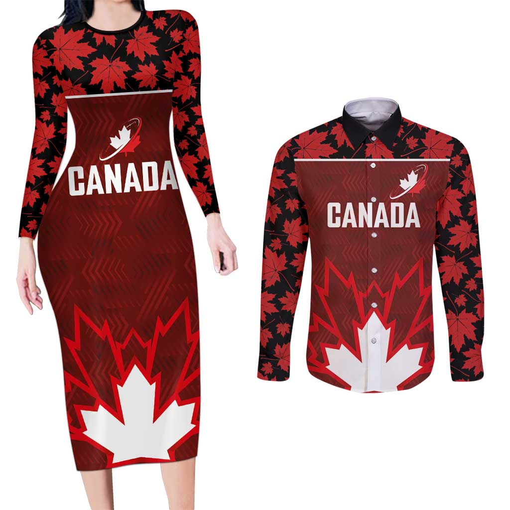 Custom Canadian Rugby Couples Matching Long Sleeve Bodycon Dress and Long Sleeve Button Shirt Maple Leaves Sporty Art Style Red Color - Wonder Print Shop