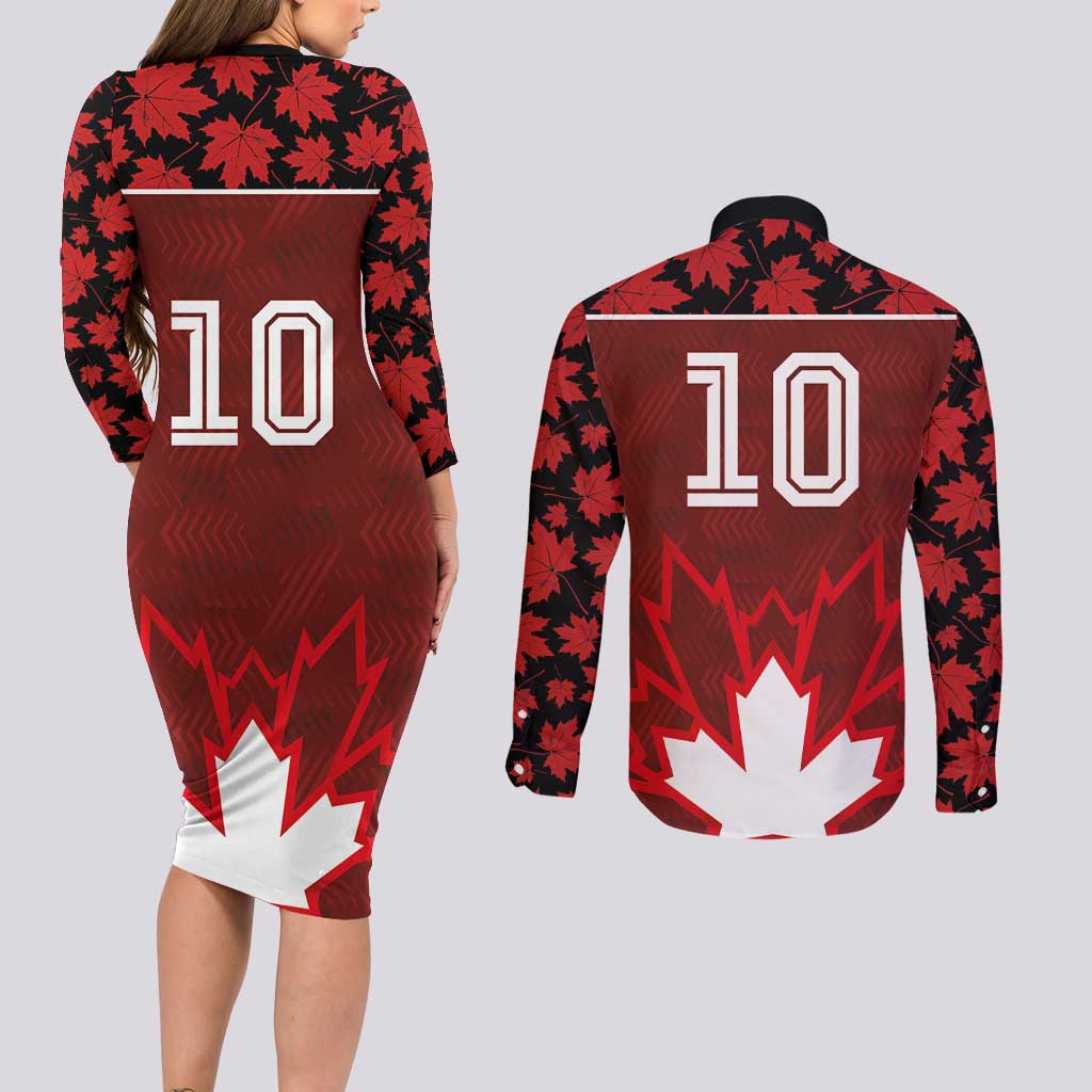 Custom Canadian Rugby Couples Matching Long Sleeve Bodycon Dress and Long Sleeve Button Shirt Maple Leaves Sporty Art Style Red Color - Wonder Print Shop