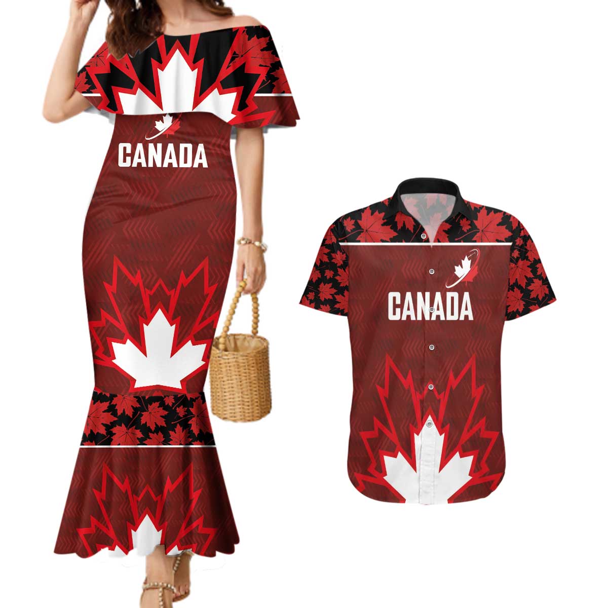 Custom Canadian Rugby Couples Matching Mermaid Dress and Hawaiian Shirt Maple Leaves Sporty Art Style Red Color - Wonder Print Shop