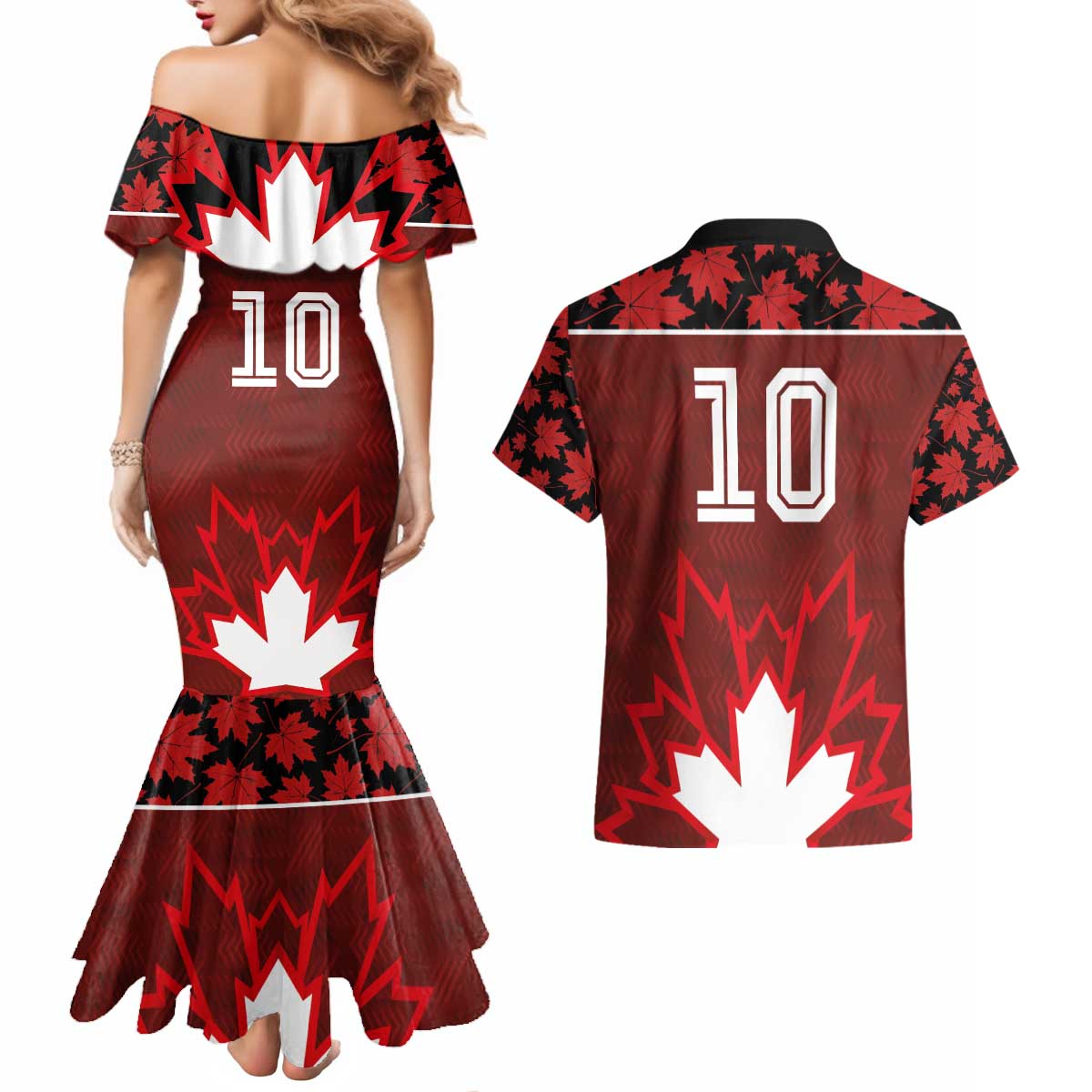 Custom Canadian Rugby Couples Matching Mermaid Dress and Hawaiian Shirt Maple Leaves Sporty Art Style Red Color - Wonder Print Shop