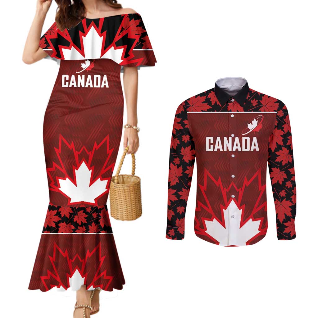 Custom Canadian Rugby Couples Matching Mermaid Dress and Long Sleeve Button Shirt Maple Leaves Sporty Art Style Red Color - Wonder Print Shop