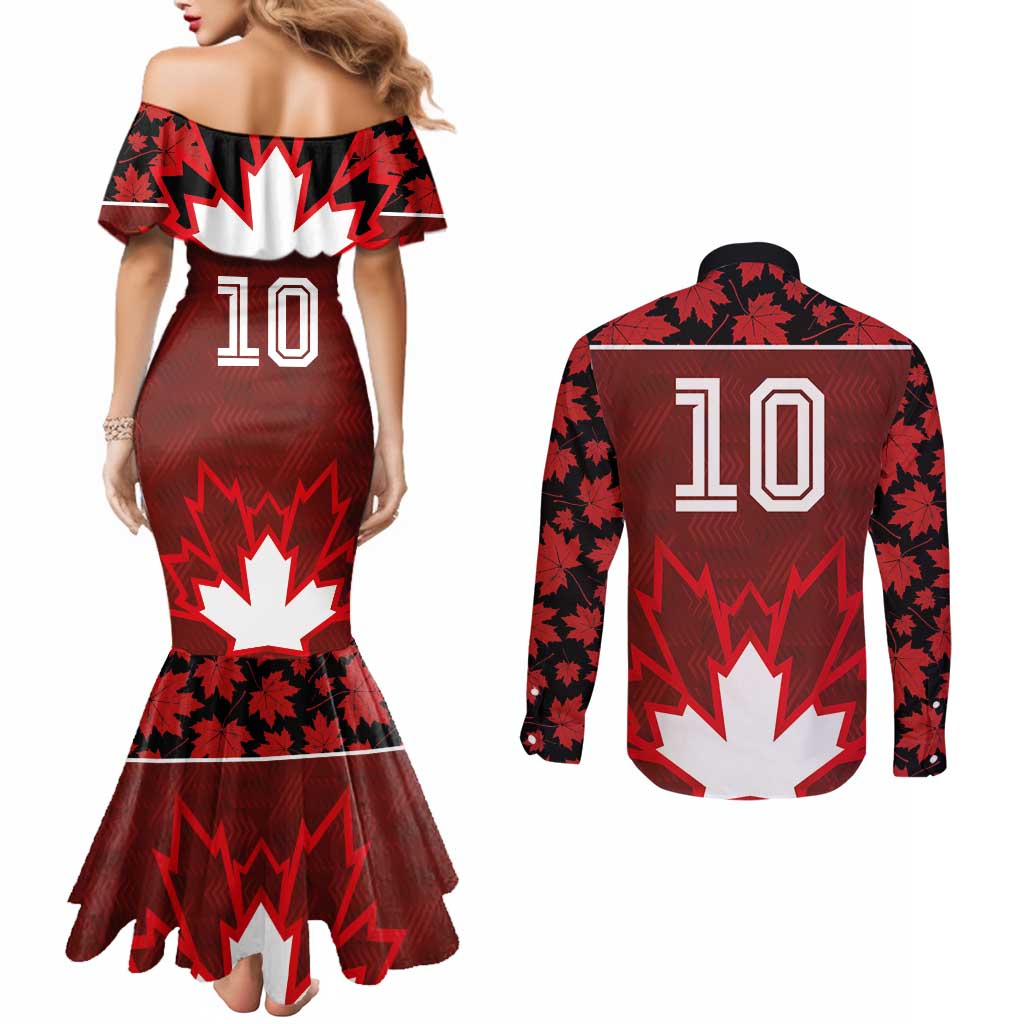 Custom Canadian Rugby Couples Matching Mermaid Dress and Long Sleeve Button Shirt Maple Leaves Sporty Art Style Red Color - Wonder Print Shop