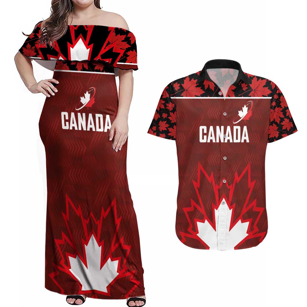 Custom Canadian Rugby Couples Matching Off Shoulder Maxi Dress and Hawaiian Shirt Maple Leaves Sporty Art Style Red Color - Wonder Print Shop