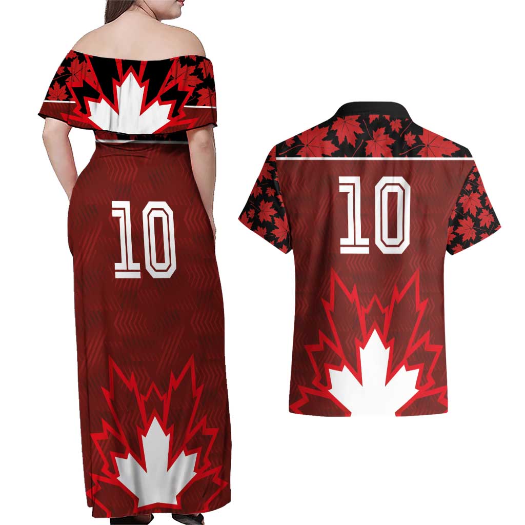Custom Canadian Rugby Couples Matching Off Shoulder Maxi Dress and Hawaiian Shirt Maple Leaves Sporty Art Style Red Color - Wonder Print Shop