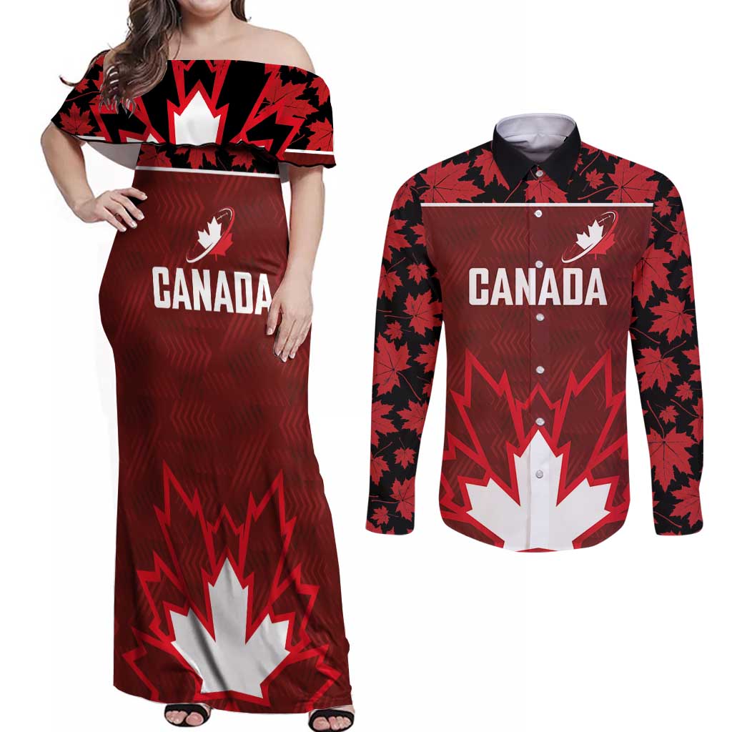 Custom Canadian Rugby Couples Matching Off Shoulder Maxi Dress and Long Sleeve Button Shirt Maple Leaves Sporty Art Style Red Color - Wonder Print Shop