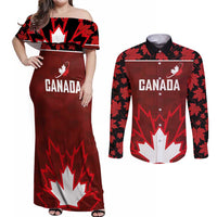 Custom Canadian Rugby Couples Matching Off Shoulder Maxi Dress and Long Sleeve Button Shirt Maple Leaves Sporty Art Style Red Color - Wonder Print Shop