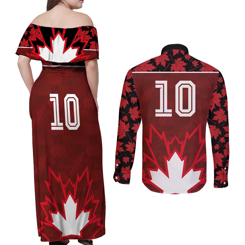 Custom Canadian Rugby Couples Matching Off Shoulder Maxi Dress and Long Sleeve Button Shirt Maple Leaves Sporty Art Style Red Color - Wonder Print Shop