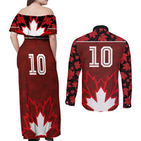Custom Canadian Rugby Couples Matching Off Shoulder Maxi Dress and Long Sleeve Button Shirt Maple Leaves Sporty Art Style Red Color - Wonder Print Shop