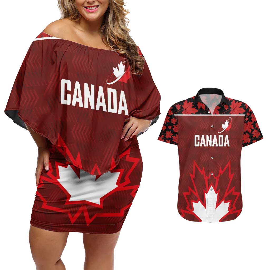 Custom Canadian Rugby Couples Matching Off Shoulder Short Dress and Hawaiian Shirt Maple Leaves Sporty Art Style Red Color - Wonder Print Shop