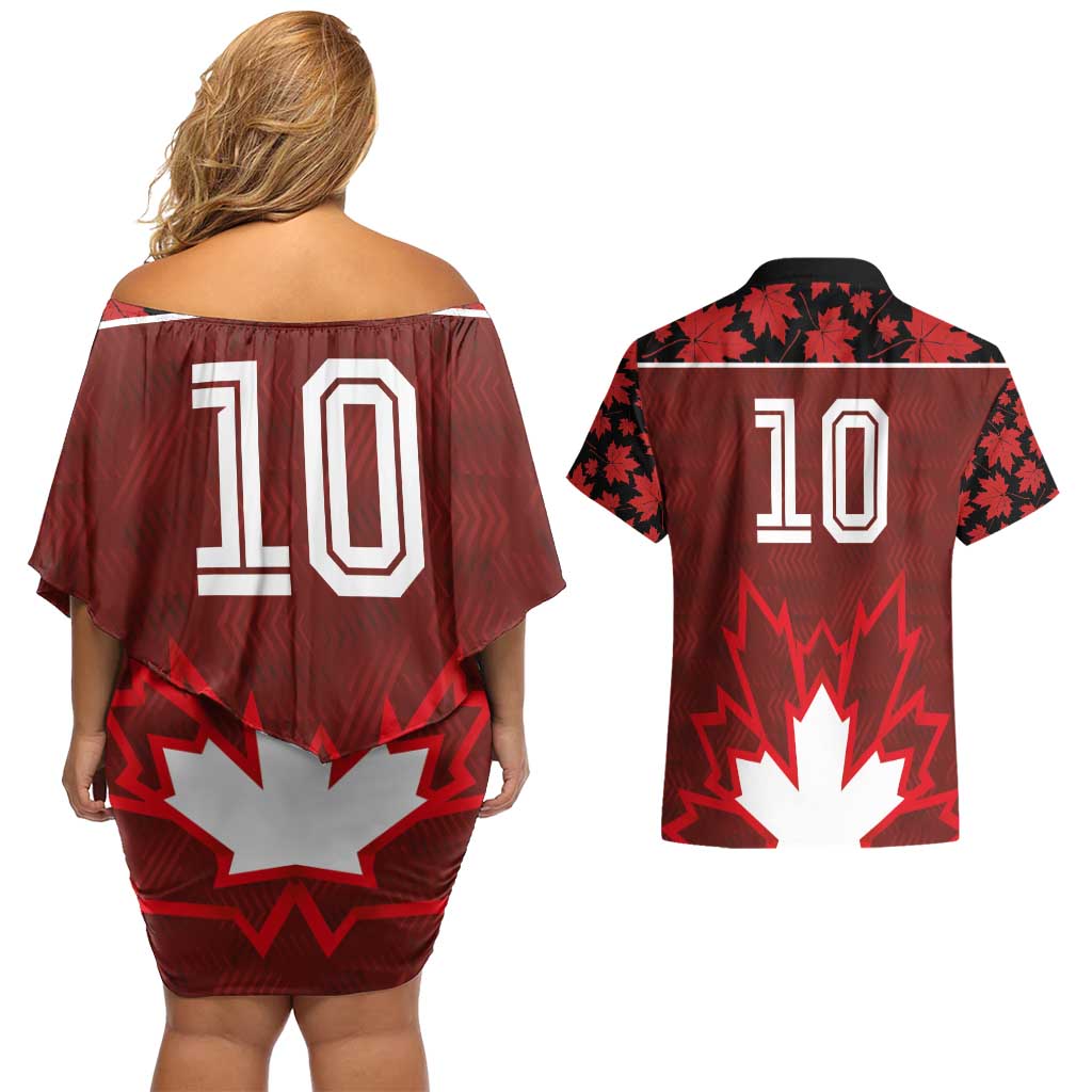 Custom Canadian Rugby Couples Matching Off Shoulder Short Dress and Hawaiian Shirt Maple Leaves Sporty Art Style Red Color - Wonder Print Shop