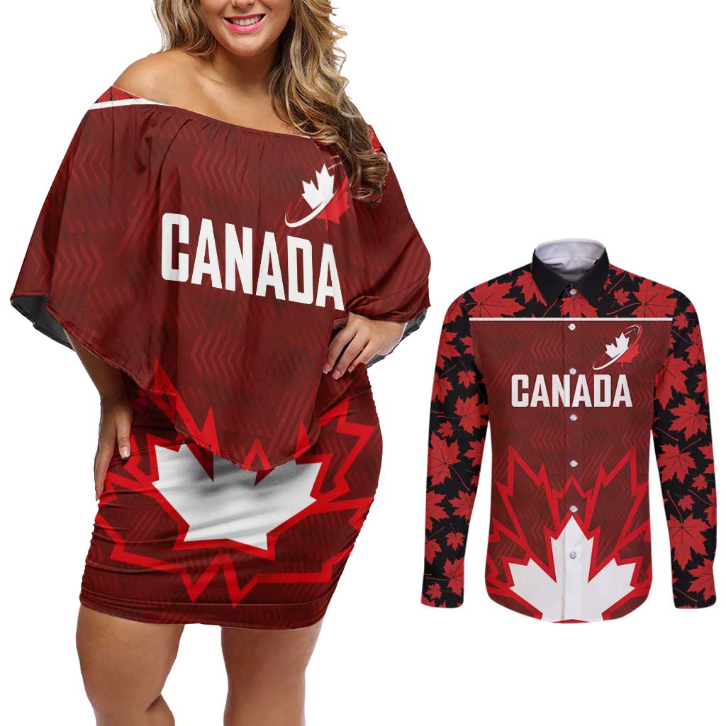 Custom Canadian Rugby Couples Matching Off Shoulder Short Dress and Long Sleeve Button Shirt Maple Leaves Sporty Art Style Red Color - Wonder Print Shop
