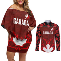 Custom Canadian Rugby Couples Matching Off Shoulder Short Dress and Long Sleeve Button Shirt Maple Leaves Sporty Art Style Red Color - Wonder Print Shop