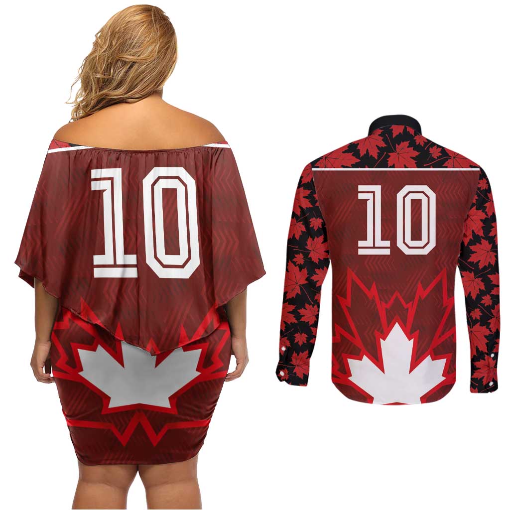 Custom Canadian Rugby Couples Matching Off Shoulder Short Dress and Long Sleeve Button Shirt Maple Leaves Sporty Art Style Red Color - Wonder Print Shop