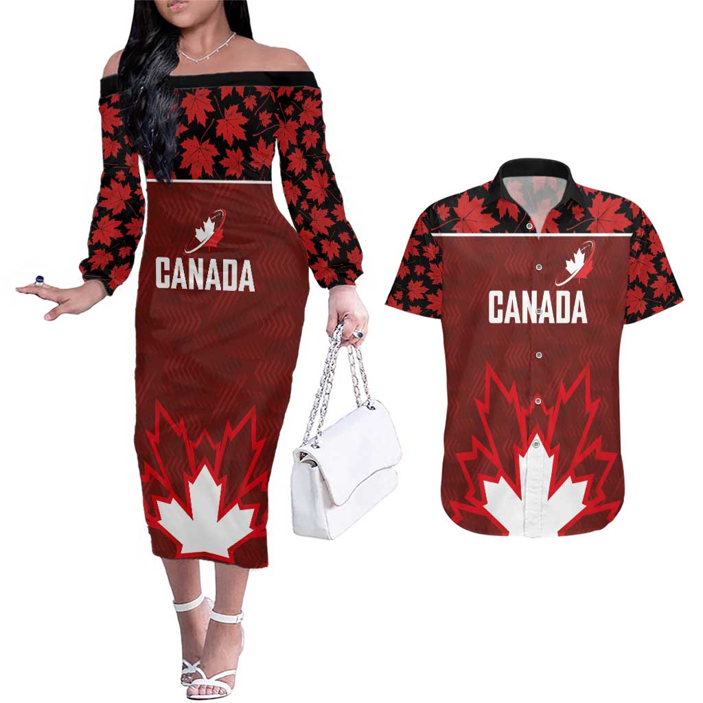 Custom Canadian Rugby Couples Matching Off The Shoulder Long Sleeve Dress and Hawaiian Shirt Maple Leaves Sporty Art Style Red Color - Wonder Print Shop