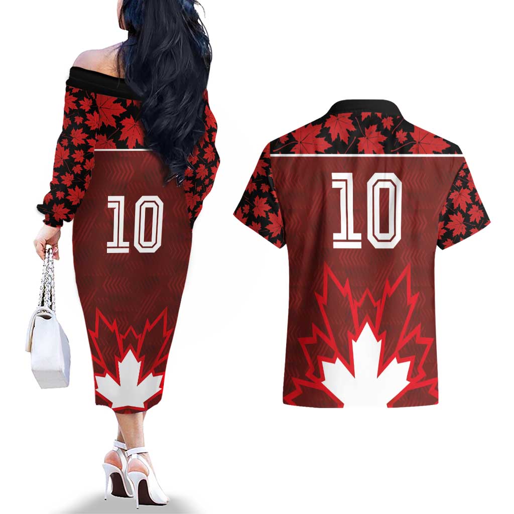 Custom Canadian Rugby Couples Matching Off The Shoulder Long Sleeve Dress and Hawaiian Shirt Maple Leaves Sporty Art Style Red Color - Wonder Print Shop
