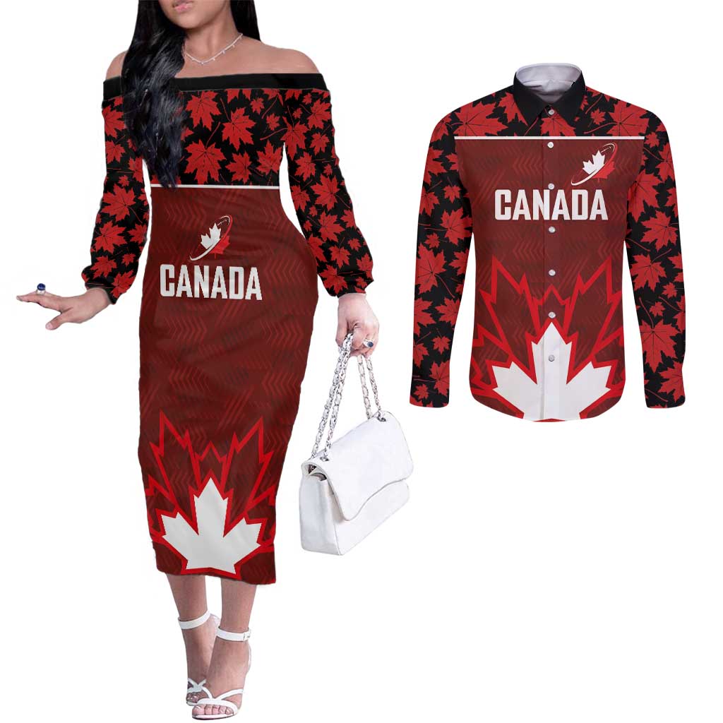 Custom Canadian Rugby Couples Matching Off The Shoulder Long Sleeve Dress and Long Sleeve Button Shirt Maple Leaves Sporty Art Style Red Color - Wonder Print Shop