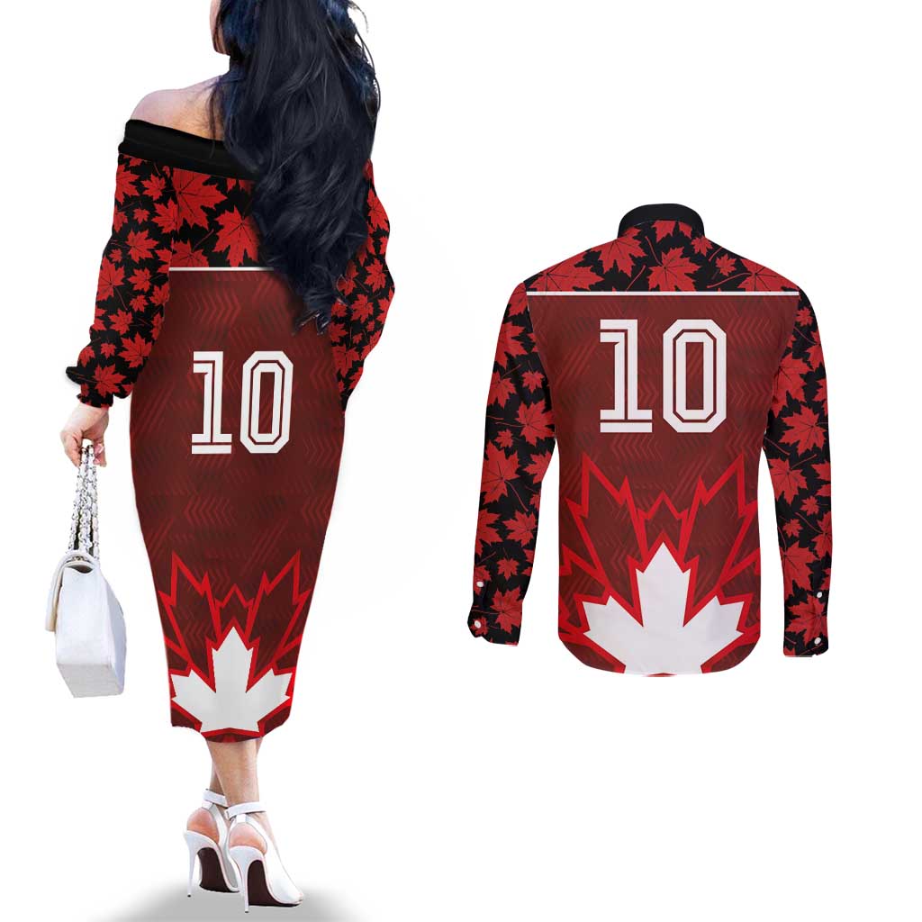 Custom Canadian Rugby Couples Matching Off The Shoulder Long Sleeve Dress and Long Sleeve Button Shirt Maple Leaves Sporty Art Style Red Color - Wonder Print Shop