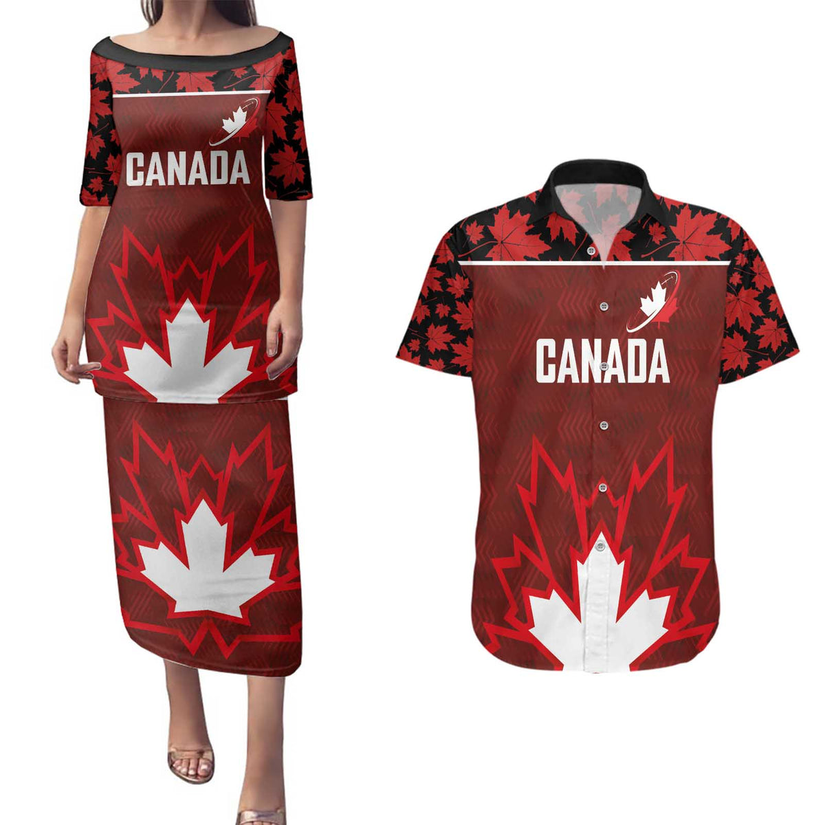 Custom Canadian Rugby Couples Matching Puletasi and Hawaiian Shirt Maple Leaves Sporty Art Style Red Color - Wonder Print Shop