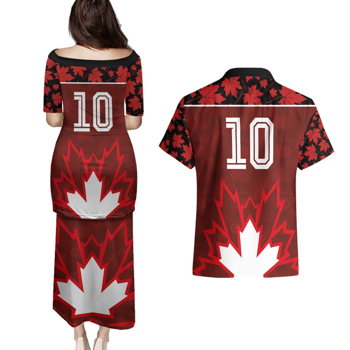 Custom Canadian Rugby Couples Matching Puletasi and Hawaiian Shirt Maple Leaves Sporty Art Style Red Color - Wonder Print Shop