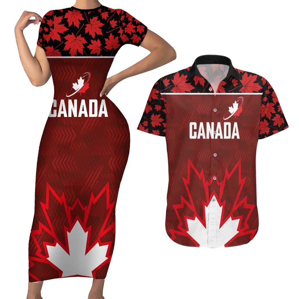 Custom Canadian Rugby Couples Matching Short Sleeve Bodycon Dress and Hawaiian Shirt Maple Leaves Sporty Art Style Red Color - Wonder Print Shop