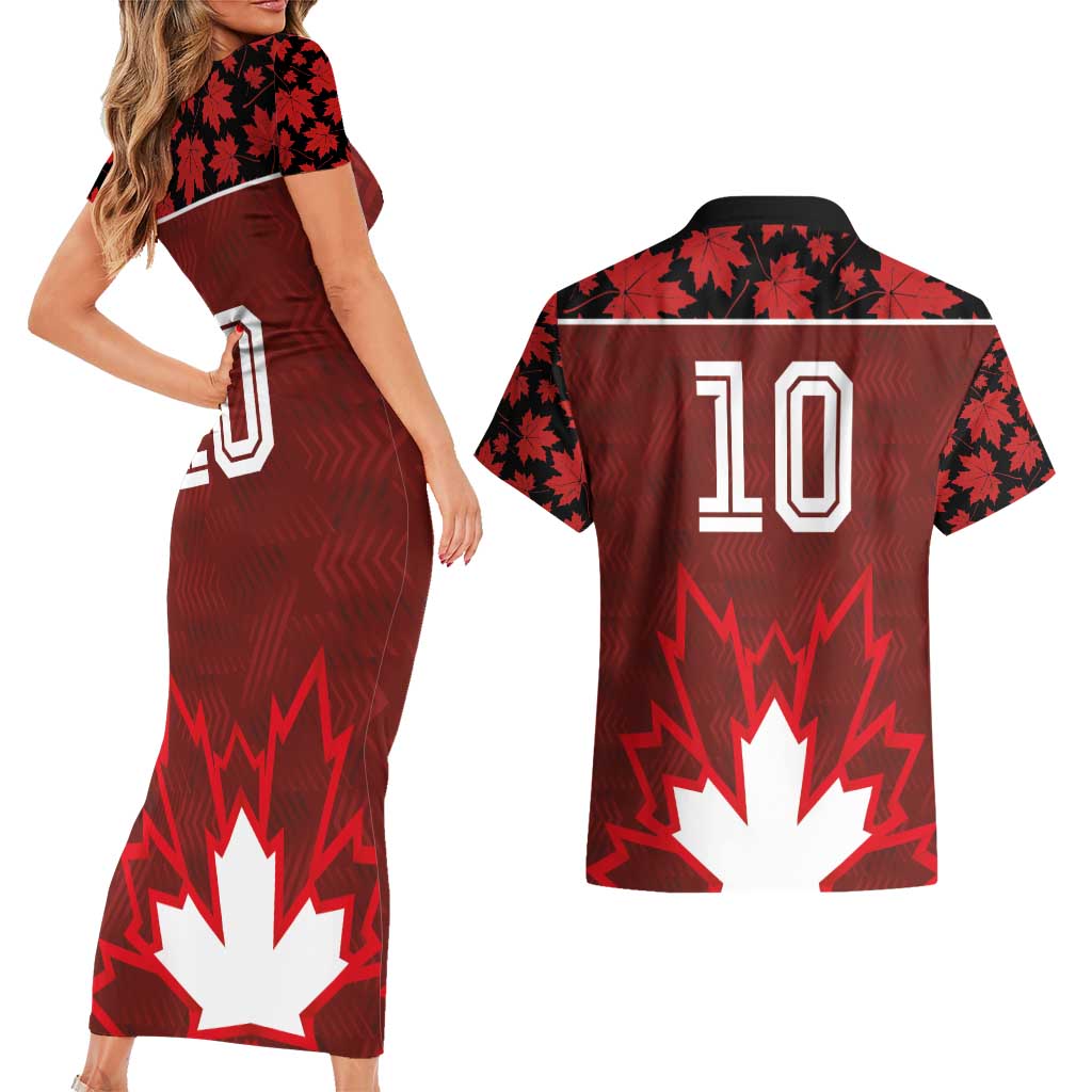 Custom Canadian Rugby Couples Matching Short Sleeve Bodycon Dress and Hawaiian Shirt Maple Leaves Sporty Art Style Red Color - Wonder Print Shop