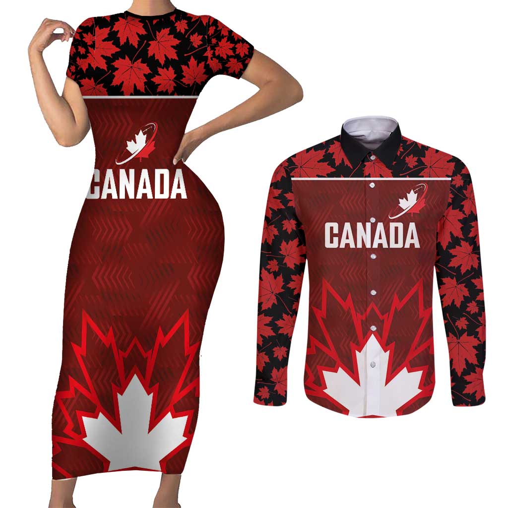 Custom Canadian Rugby Couples Matching Short Sleeve Bodycon Dress and Long Sleeve Button Shirt Maple Leaves Sporty Art Style Red Color - Wonder Print Shop
