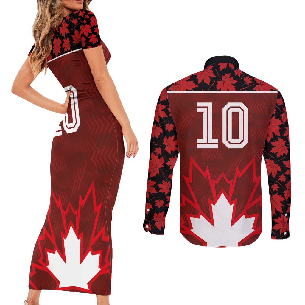 Custom Canadian Rugby Couples Matching Short Sleeve Bodycon Dress and Long Sleeve Button Shirt Maple Leaves Sporty Art Style Red Color - Wonder Print Shop