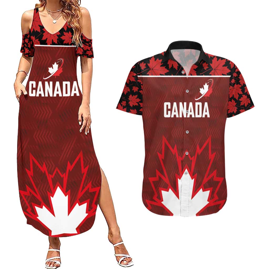 Custom Canadian Rugby Couples Matching Summer Maxi Dress and Hawaiian Shirt Maple Leaves Sporty Art Style Red Color - Wonder Print Shop