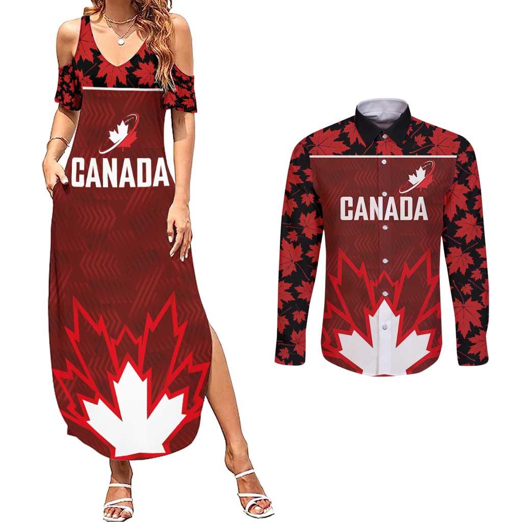 Custom Canadian Rugby Couples Matching Summer Maxi Dress and Long Sleeve Button Shirt Maple Leaves Sporty Art Style Red Color - Wonder Print Shop